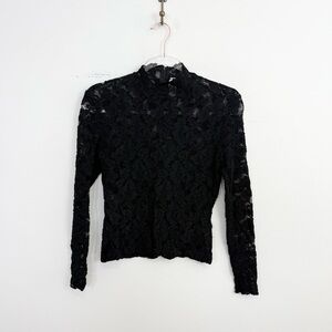 Vintage Caché Black Lace Mock Neck Long Sleeve Top Sheer Gothic Romantic